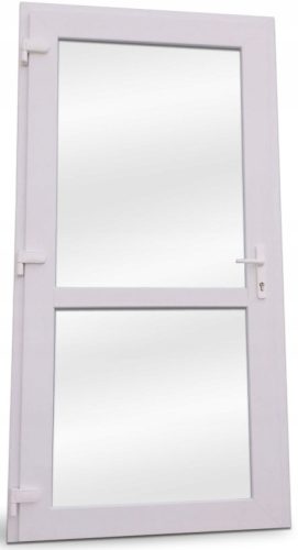 Zunanja PVC vrata 90x190 BELA s premium profilom in podvojeno steklo z argonom. Ta vrata so idealna za dom, pisarno ali trgovino. Celotna velikost vrat z omarico je 90-190 cm, s svetlobo vrat med 77 c