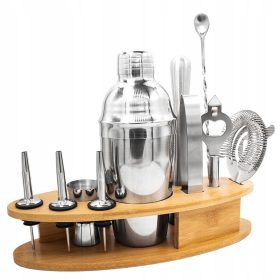   BARMANSKI SET za Pijačo, Stresalnik 750ml s Podnožjem iz Bambusa. 11 Delni