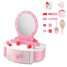   Drevesena otroška ličilna miza z ogledalom, predali in dodatki za ličenje