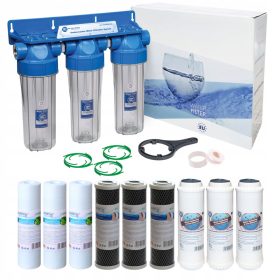   AQUAFILTER TRIPLE-STAGE WATER FILTER: FOAM + CHARCOAL + SOFTENER + DEIRON: 3/4 inch
