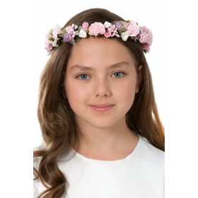   Ročno izdelan komunijni venček v nežnih roza in vijoličnih tonih s čudovitimi spiralami. Venček je prilagodljiv in se lahko nosi na glavi ali okoli vratu, saj se obseg lahko prilagaja do 53 cm. Poleg 