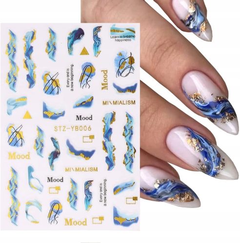 Zlata marmorirana samolepilna nail art nalepka - ekskluzivna in elegantna dodatna oprema za vaše nohte. Izvirne zlate in modre nalepke za nohte omogočajo hitro in enostavno ustvarjanje unikatnih dizaj