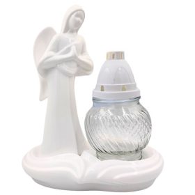   Angelovska keramična figurica z belim angelom + steklena sveča 28 cm