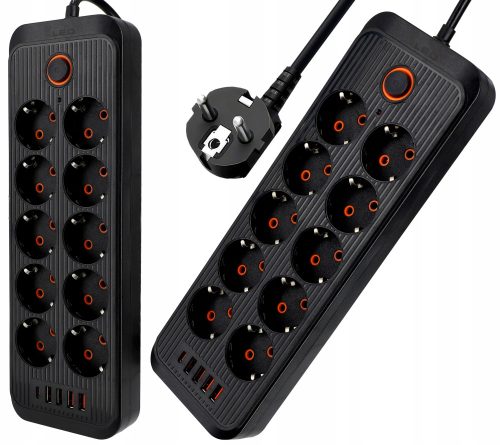Podaljšek z razdelilnikom 10 vtičnic + 5 USB polnilci, črna barva