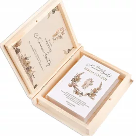   Personalizirana lesena škatla s svetim obhajilnim pismom v boho slogu