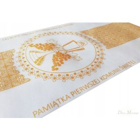   Eleganten komunijev tekač iz bele filcanine z zlatim tiskom. Dolžina - 10 metrov, širina - 40 cm. Ta čudovit tekač je nepogrešljiva dekoracija vsake komunijev mizi. Visoka kakovost materiala in lep ti