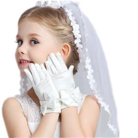   Bela komuniona satenasta rokavica s pentljo in biserom za deklice I Prva sveta obhajila