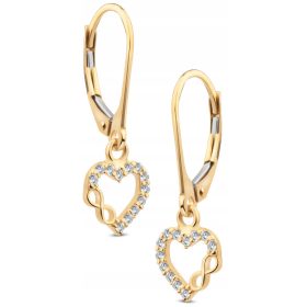    ČUDOVITI ZLATI VISEČI UHANI S SRČKI IN NESKONČNOSTJO 14KT 585