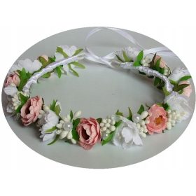 Venček za lase z belimi in roza cvetovi z biseri