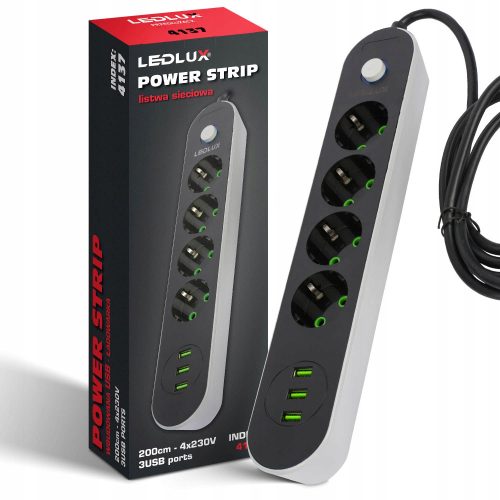 LED-luksusni podaljšek 2m, 4 vtičnice + 3x USB, črne barve