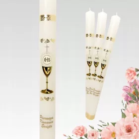 Sveča za prvo sveto obhajilo z motivom kelih in hostije