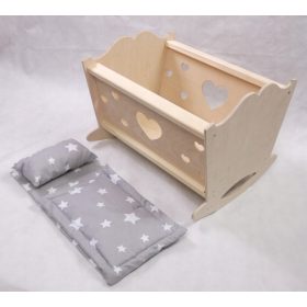 Drevesna zibelka za punčke z posteljnino