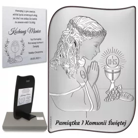    Spominek prvega svetega obhajila Beltrami 6,3 x 9 cm srebrn + kovinska ploščica Quo Vadis srebrna