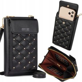   Mini torbica za ramo z denarnico za telefon v črni barvi, izdelana iz ekološkega usnja. Praktična in elegantna torbica, ki združuje funkcionalnost portfelja in etuija za telefon. Z natančnimi zaokrože