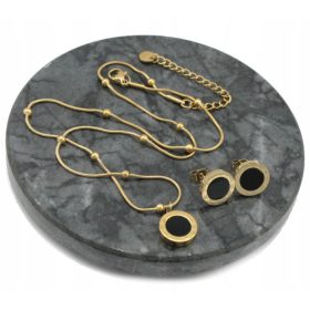   ZLATA KOMPLETNA NAKITNA GARNITURA IZ KIRURŠKEGA JEKLA S ČRNO MREŽASTO URO 12 mm