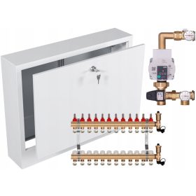   Medeninasti razdelilnik za talno ogrevanje s črpalko WILO + PEX priključki + nadgradna boks