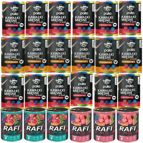 Krmilna mešanica za pse PAKO + RAFI Junior z okusom mešanih mesnih kockic v omaki 24x400g