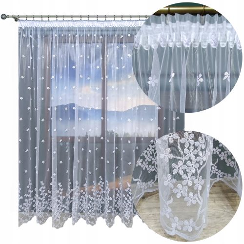 Elegantna bela zavesa s haftanimi cvetovi 400 cm x 250
