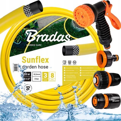 Visokokakovostna vrtna cev za zalivanje Bradas WMS1/220 SUNFLEX 20m 1/2" z razpršilnikom in 3X priključkom