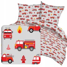  Komplet posteljnine MladiGasilec 160 x 200 cm s sivimi in rdečimi gasilskimi vozili
