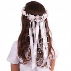   Roza in bel komunijni venček z biseri, venčki za prvo obhajilo, komunijni venček WM47-21