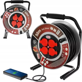   Podaljšek z vrtečim bobnom Bull Tech 50 m, 4 vtičnice, USB/C, črn