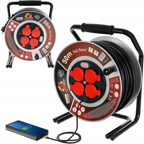 Podaljšek z vrtečim bobnom Bull Tech 50 m, 4 vtičnice, USB/C, črn