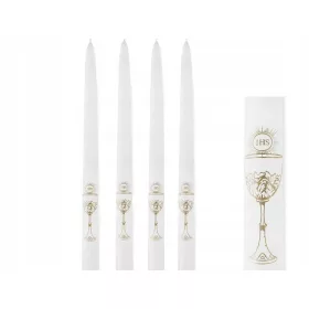   Sveče za prvo obhajilo, komplet 4 belih sveč s pozlačenim kelihom