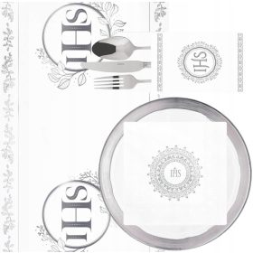   KOMPLET ZA OBHAJILO DEKORACIJE ZA SERVIRANJE PRIČEVALNE SERVETE KOVČEK ZA JEDILNI PRIBOR OBHAJILO IHS srebrna