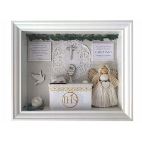    3D OKVIR SVETO OBHAJILO Z ANGELSKIM MAKRAMEJEM SPOMINI SE PRVEGA SVETEGA OBHAJILA.