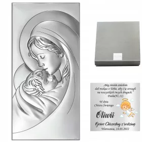    SREBRNA SLIKA MATI BOŽJA Z OTROKOM SPOMINKI NA KRST IN POROKO OBHAJILO