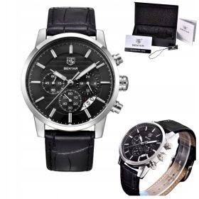   Eleganten moški ročni ura z črnim usnjenim paščkom Benyar, eleganten prikaz datuma