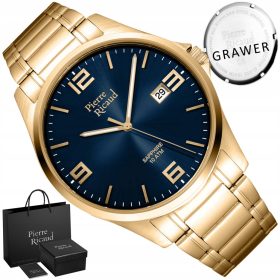   ZLATI MOŠKI URA Pierre Ricaud S SAFIRNIM STEKLOM IN 10 ATM + GRAVIRANJE