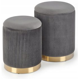   Luksuzni komplet 2 sedežnih pufov z shranjevanjem Velvet Pouffe Round Grey Gold Monty