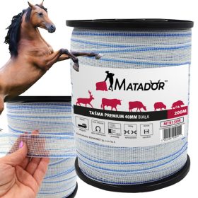   Tašma za električno ograjo za konje Matador Premium 40mm x 200m - Močna in vzdržljiva tašma za dolge ograje do 14 km. Tašma je opremljena z 160 kg odpornostjo na raztezanje, kar zagotavlja varno in uč