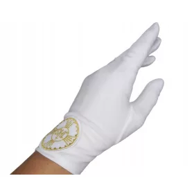   Rokavice za prvo obhajilo z IHS aplikacijo. Elegantne rokavice Alba, ki se lepo prilegajo roki in so okrašene z zlato nitko. Lahko jih kombinirate s torbico in okrasnim trakom. Na voljo so tudi prstan