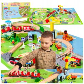   DREVENI VLAK XXL z dvižnim žerjavom, 2 vlakca na baterije in sestavljanko