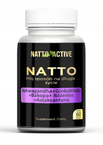 Kapsule Natto Active s 300 mg Ashwagandhe, Ginko Bilobe, Bakope, Różenieca in 16 mg Astaksantine