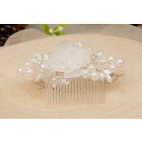 Bel komunij glavnik s cvetom in biseri, poročno okrasje