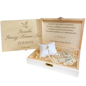   DARILNA ŠKATILICA ZA SVETO OBHAJILO, KRST, DENAR, GRAVIRAN NAKIT