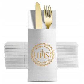   EPKI ZA JEDILNI PRIBOR ZA PRVO OBHAJILO S ZLATIM IHS POTISKOM, POZLAČENI, 12 KOSOV