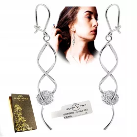    UHANI SREBRNI 925 DOLGE VISEČE KROGLICE S SWAROVSKI CIRKONIJEM SREBRNI + ETUI