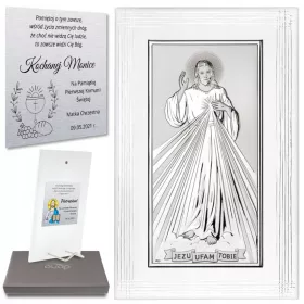    Spominček na prvo sveto obhajilo, srebrna slika Jezus, vate zaupam + GRAVURA