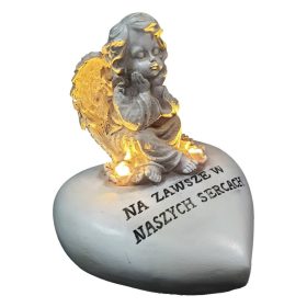   Angelček z LED lučko za nagrobnik z napisom ZA VEDNO V NAŠIH SRCIH 12 cm