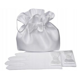   Elegantna komunijka torba in rokavice set - Satenasta torbica za prvo obhajilo s satenastim trakcem in pentljo, ki je okrašena z aplikacijo IHS. Rokavice s petimi prsti so prav tako okrašene s satenas