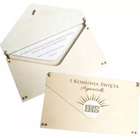   Elegantna lesena osebna darilna kuverta za prvo obhajilo s hostijo - personalizirano darilo za poseben trenutek. Lesena darilna kuverta za prvo obhajilo je edinstvena in izvirna izbira, ki bo zagotovo