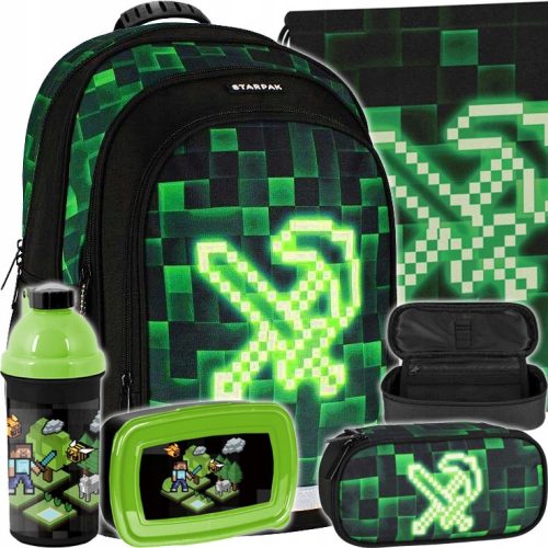 olski nahrbtnik Pixel Green Starpak z več predelki, črn, Odtenki zelene + PLECAK SZKOLNY TORNISTER CHŁOPCA PIKSELE SASZETKA WOREK BIDON ŚNIADANIÓWKA. Zestaw šolskih potrebščin vključuje 5 elementov: S