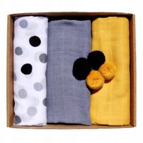   EGA OTROŠKE Muslin plenice Eco Pomponi 60x80cm rumeno-sive (2546), 3 kos.