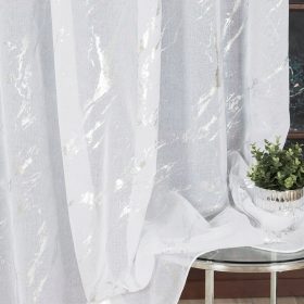   Firana z marmornim vzorcem, etamina, 265x300cm, bela, srebrni potisk