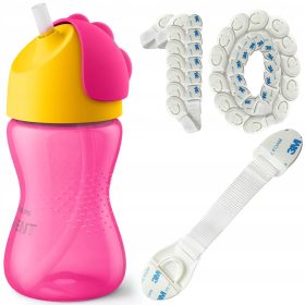   Philips Avent otroški kubek s slamico 300 ml roza + 10x VARNOSTNA KLJUČAVNICA ZA PREDALNIKE, OMARICE, OPREMO